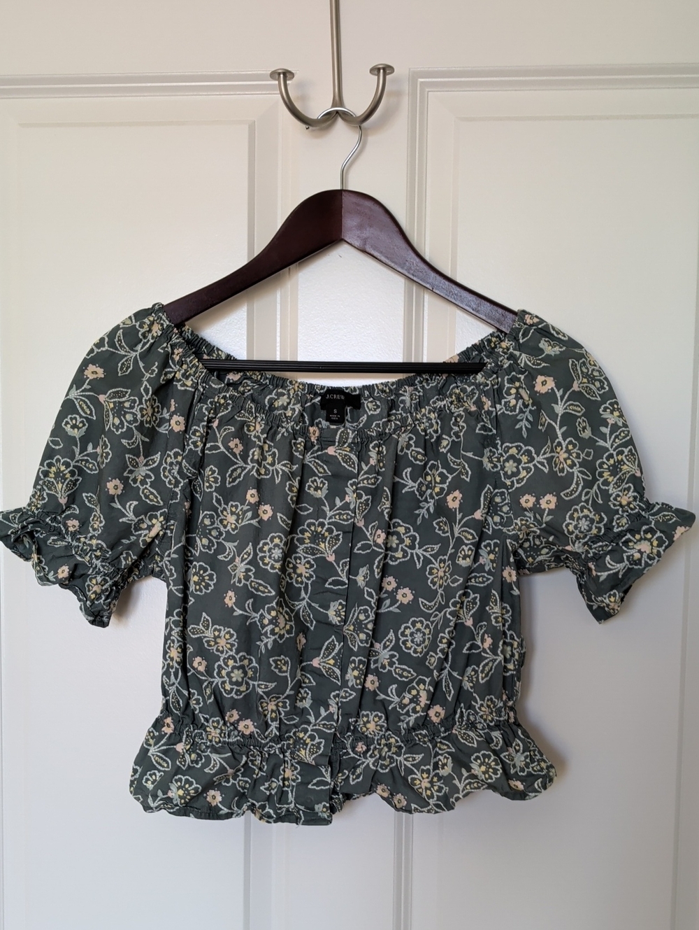 J. Crew Cotton Cropped Peplum Top - Green Floral -Size Small